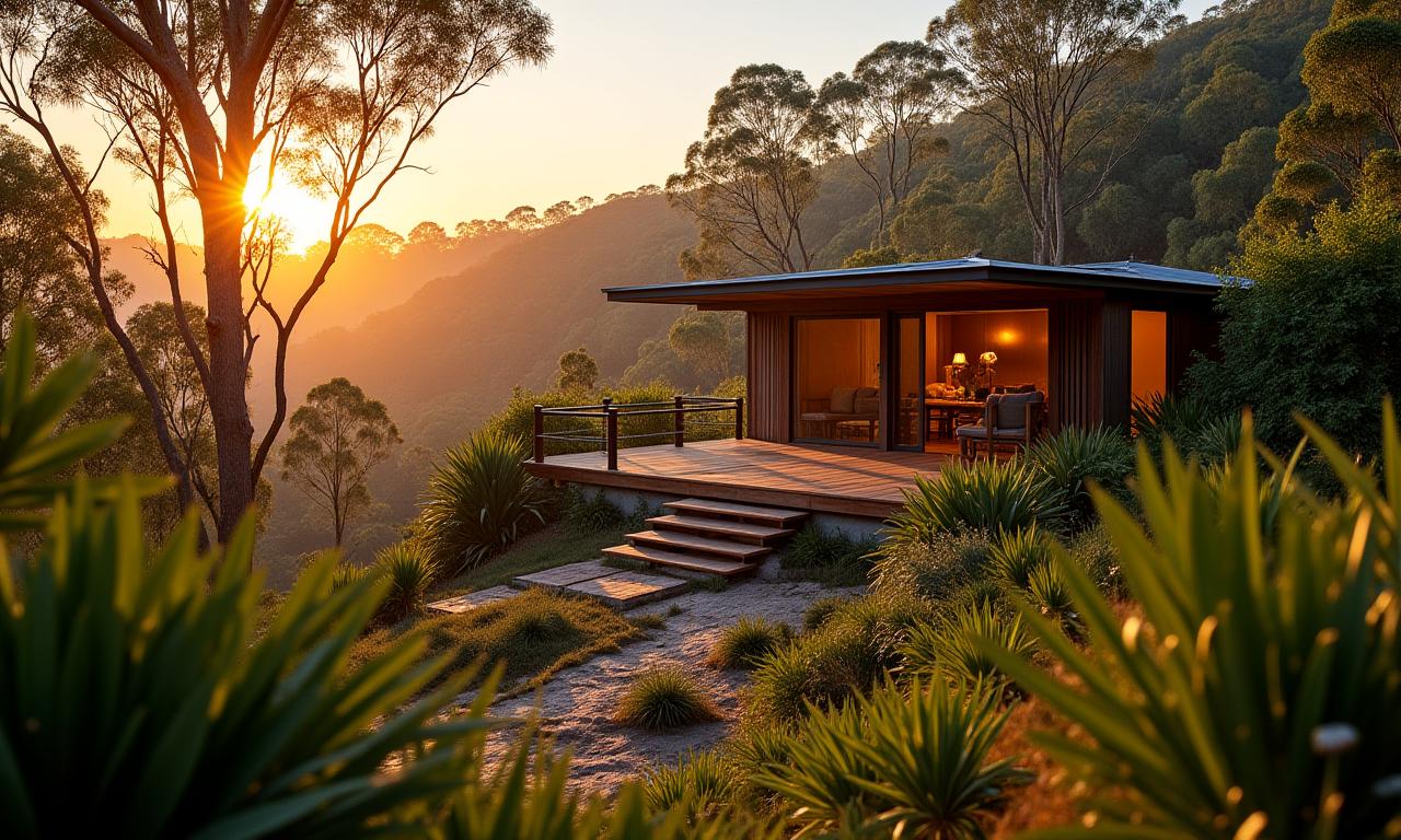 Eco-lodge exterior nestled in lush Australian bushland at sunrise, featuring sustainable design.